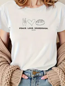 Women'S White Sourdough Bread Baker T-Shirt| Peace Love Sourdough & Yeast-Free Design with Bread Symbols, Casual Short Sleeve Round Neck Tee for Enthusiasts, Sourdough Starter Lovers, Geometric-Pattern, All-Season