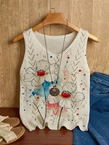 Women's Spring Summer Sleeveless Vest, Hollow Out V Neck Inner Layer, Soft Comfortable Breathable Floral Print Fashion Backless Top