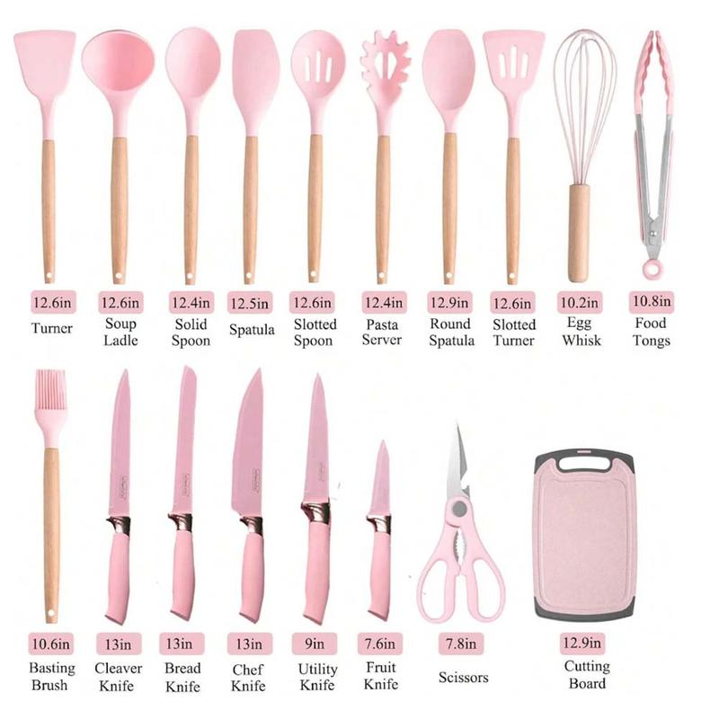 19pcs Silicone Kitchen Utensil Set With WoodenHandles,Heat-Resistant Non-Stick Cooking ToolsIncludes Elegant Knives And Storage Organizer-Easy Cooking & Cleaning For Home And KitchenLight Green Steel Spatulas Stainless Board Pasta Spoon Utility