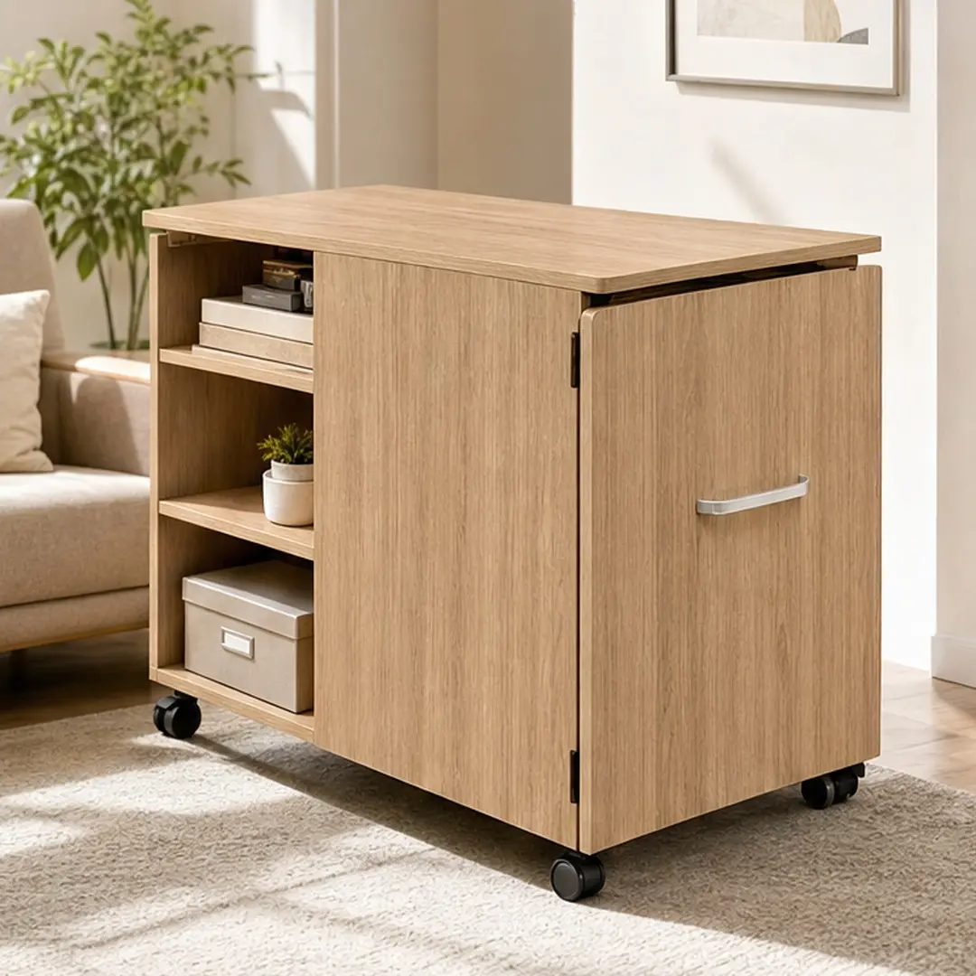 Stretchable Desk with Storage Shelves and Mobile Wheels, Foldable Office Desk for Small Apartments Home Office, Expandable Writing Table with 4-Tier Open Shelves, Lockable Casters, MDF Natural Wood, Multiple Color Options, Natural Wood/Walnut/Wh