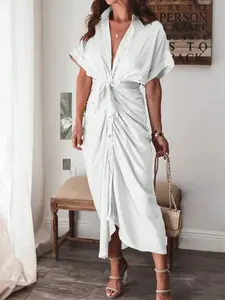 Women's Stylish White Mid-Sleeve Lace-Up Dress