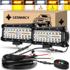 LEDMIRCY 2PCS 7" LED Light Bar, 6-Mode Amber/White Strobe with Memory, Dual-Button Switch & Harness, Waterproof Fog Lights for Truck, SUV, ATV, Jeep