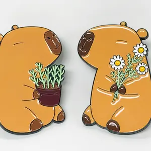 Capybara With Daisy and Succulent Pot Enamel Pin Lapel Pin