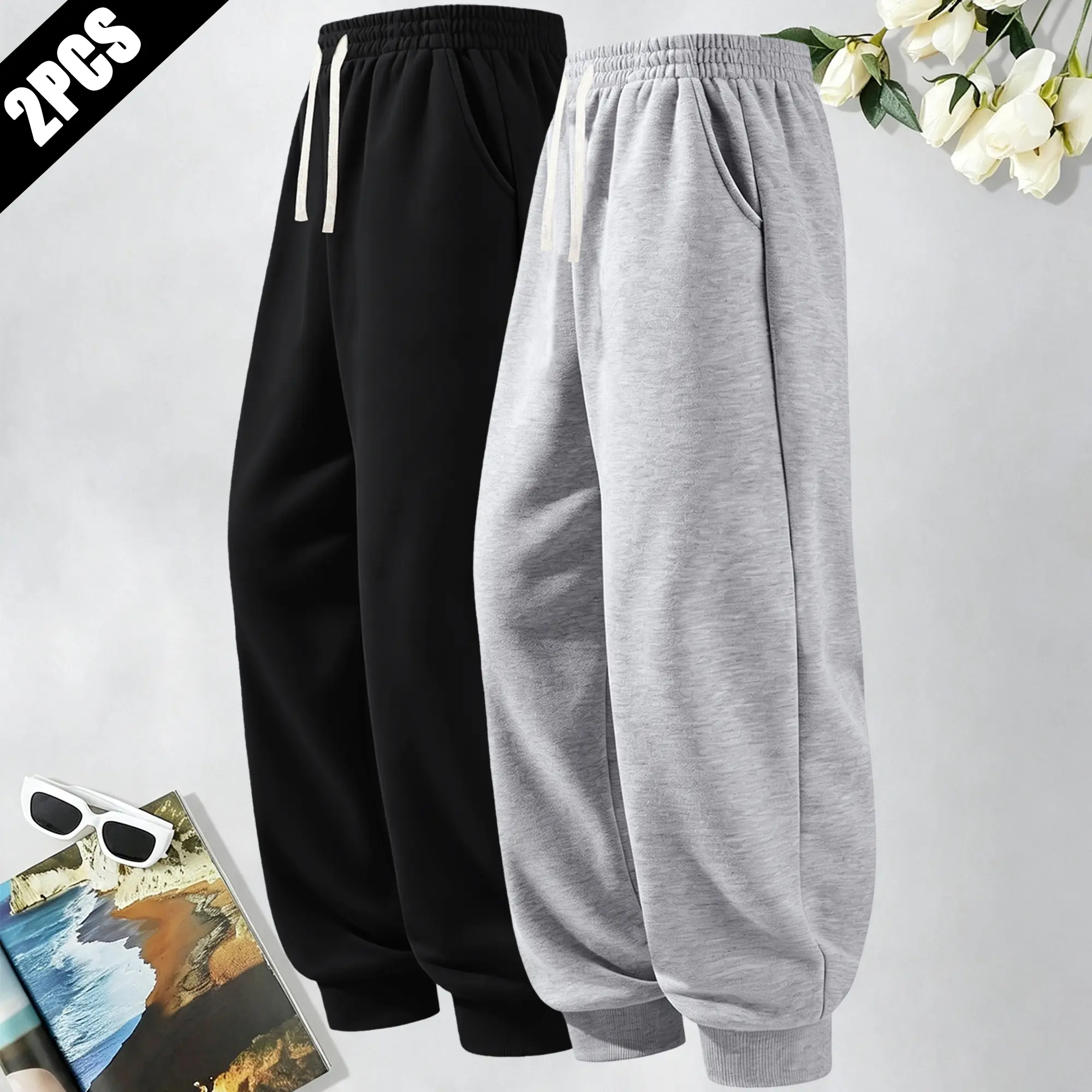 2-Pack Men's Cotton Sweatpants, Solid Color Smooth Fabric Casual Athletic Style Elastic Waist with Drawstring Travel  Vacation Casual  Athletic Men's Clothing Cuffed Pants
