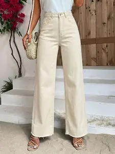 Women's Casual Loose Fit Slant Pocket Frayed Hem Wide Leg Jeans Women Wide Leg Pants High Waist Pants Cream Pants Women Pants