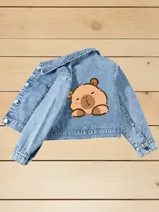 Girls' Cartoon Capybara Print Denim Jacket, Long Sleeve Fitted Casual Coat, Perfect for All Seasons, Ideal for Birthday, Parties, back-to-school, graduation ceremonies & Daily Wear