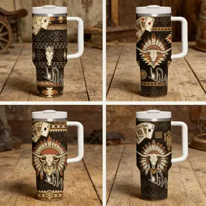 1pc 40oz Insulated Tumbler with Straw & Handle, Western "Wild" Poker Edition, Stainless Steel Travel Mug with Aztec Bull Skull & Playing Card Design, Stainless Steel Drinkware, Keeps Drinks Cold for 24H, Gift for Cowboys, Gamblers, and Western Enthusiasts