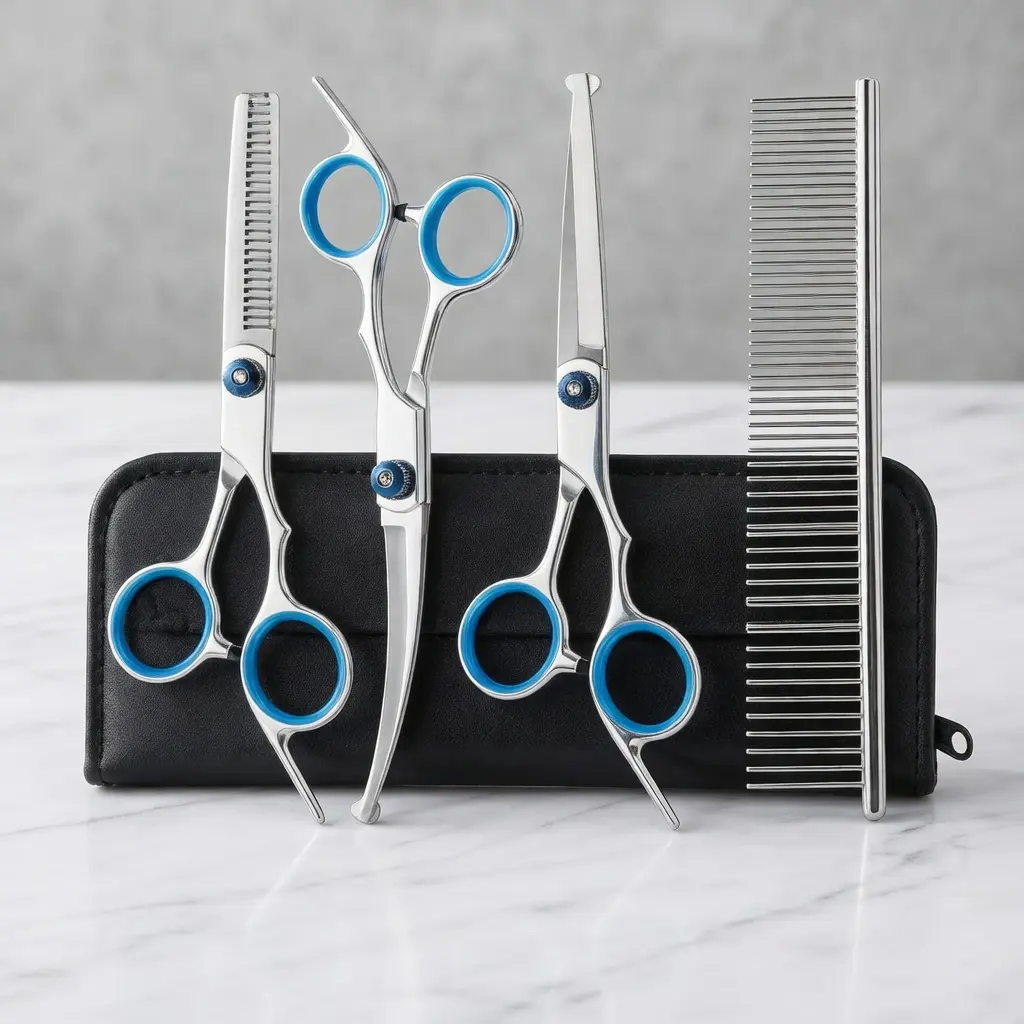Dog Grooming Scissors Pet Shears Trending 5 in 1 Stainless Steel Professional Safety Round Tip Thinning Shears Kit for Dogs Cats Home Salon Pet Care Supplies campingessentials