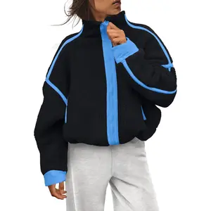 Zip up Fleece Jacket Women Oversized Mock Neck Sherpa Sweatshirt Striped Long Sleeve Pullover with Pockets