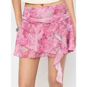 Cider Chiffon Low Rise Floral Leopard Print Ruffled A-line Mini Skirt