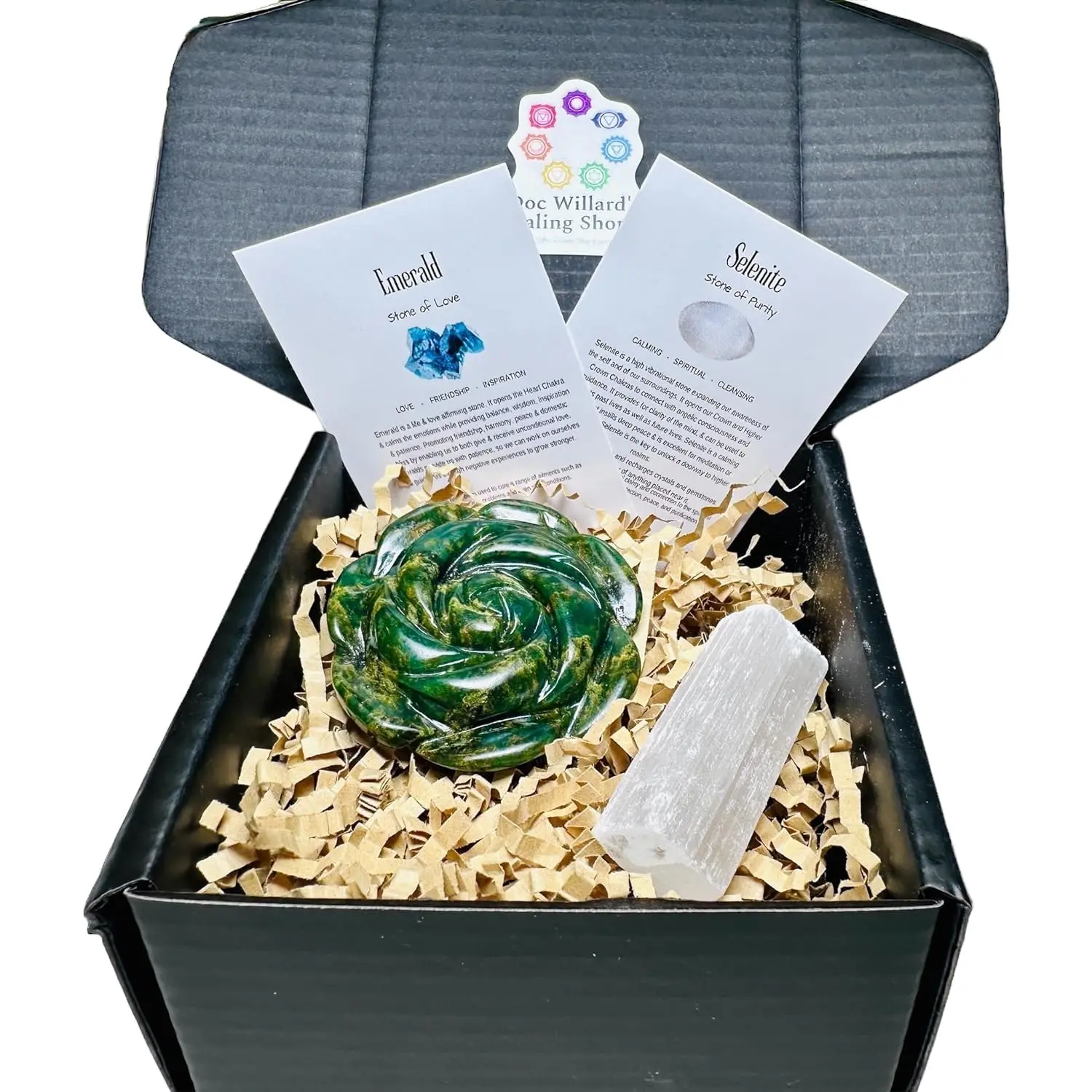 Natural Polished Emerald Crystal Rose Gift Set with Selenite Stone and Information Cards Metaphysical Energy Palm Stone/Pocket Stone (Emerald1~56.7g ~ 2.1" Wide)
