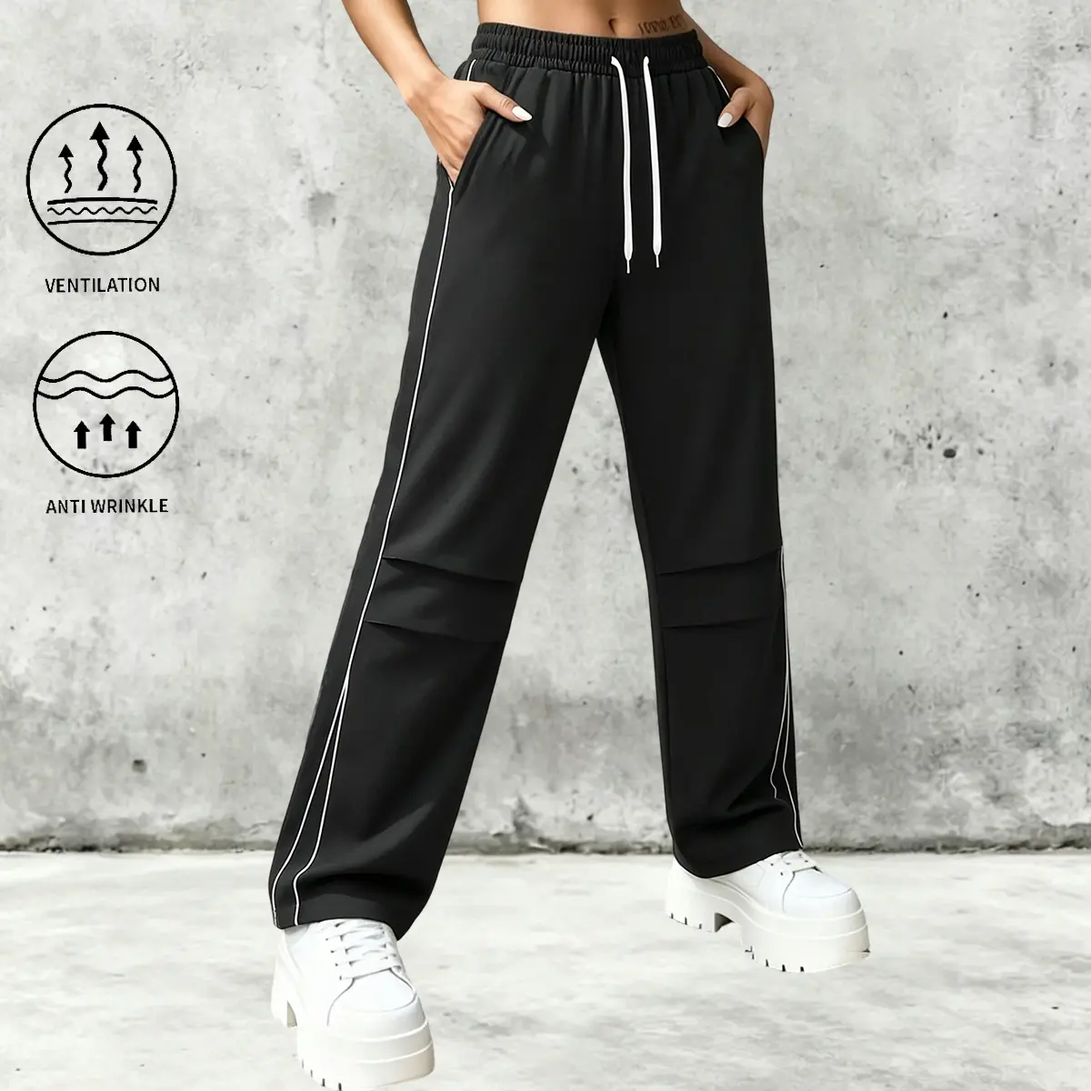 Women’s long pants — slimming casual athletic sweatpants, loose American straight-leg style, solid color fashion pants