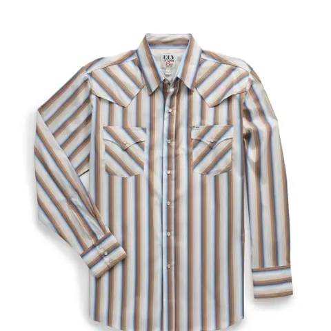 Men's Ely Cattleman Pro Classic Long Sleeve Stretch Vented Mesh Striped Ecru Western Shirt - Rapid Dry, Breathable, Casual Day Wear, Functional Snap Pockets, Sun Protection, UPF 50+ Cowboy Attire