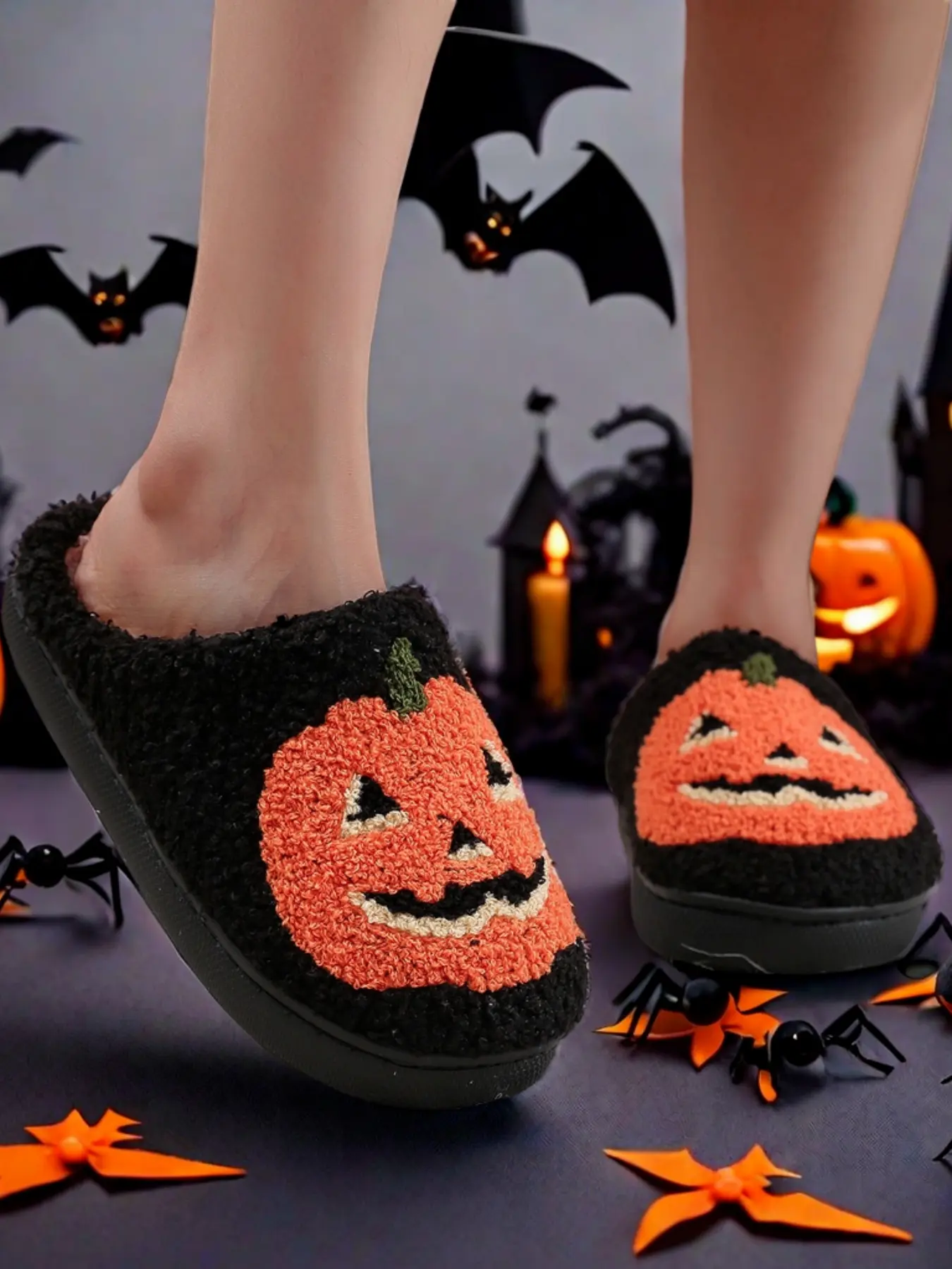 90s Vintage Halloween Pumpkin Embroidered Soft Plush Slide Warm Slippers, Cozy Indoor Slides, Cozy Indoor Footwear for Men & Women, All Seasons Minimalist Home Comfort