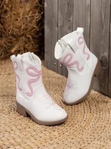 Cute Bow Embroidered Kids Western Cowboy Boots, Boot Bows, Side Zipper Block Heel, Casual Country Party Shoes for Little Girls