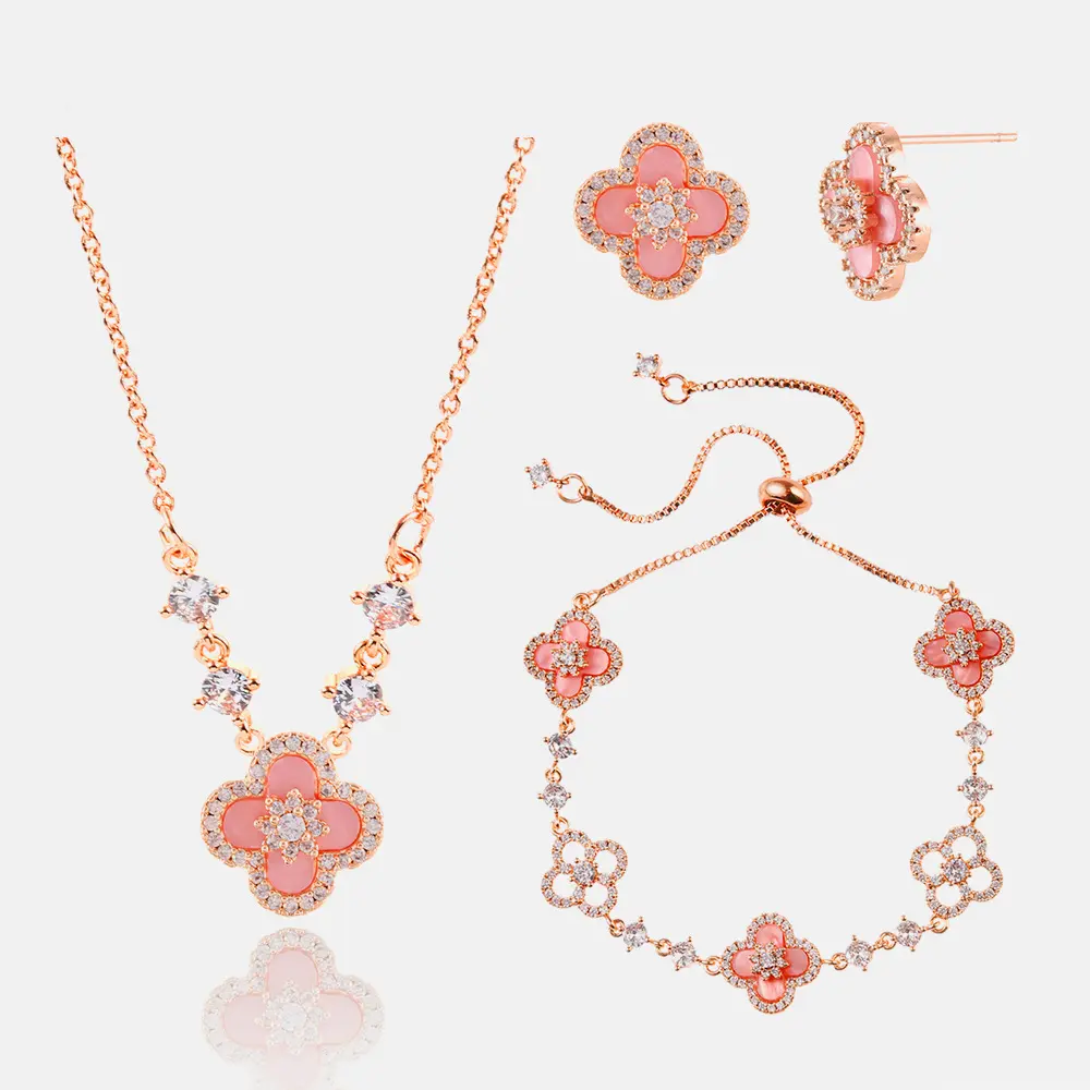 DIROMON Lucky Clover Jewelry Set - 18K Rose Gold Plated Flower Design Four Leaf Bracelet, Necklace Pendant, Earrings for Women Trendy Fashion Waterproof Gold Jewelry