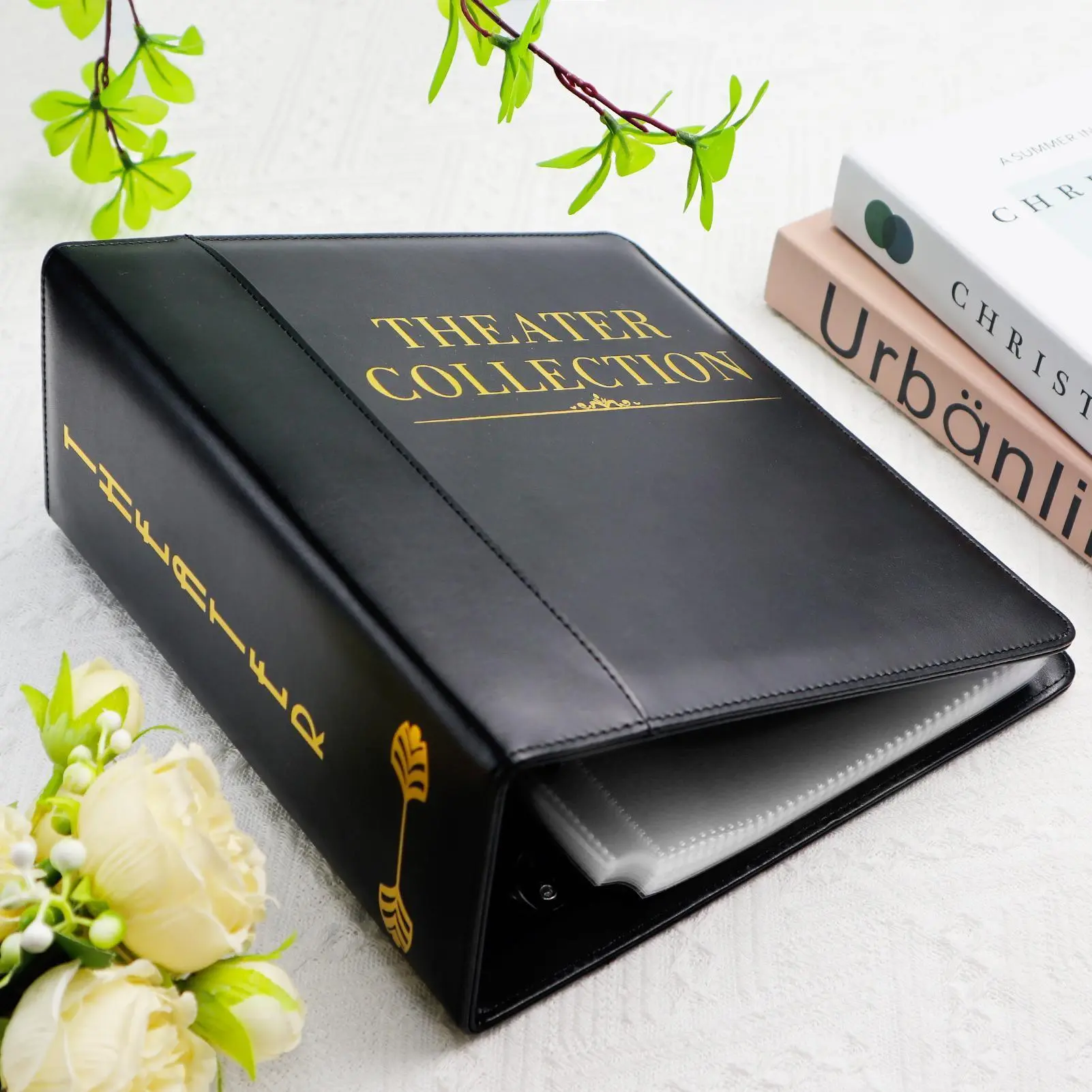 Theater Collection Binder Album, Vintage Faux Leather Cover with Gold Print, 3-Ring Memory Keeper for Show Programs and Concert Tickets, Includes 35 Protectors, Gift for Musical Fans, Decor