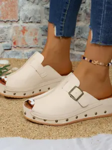 Women's Thick Sole Mules, Fish Mouth Buckle Closure Sandals, Comfortable Casual Summer Beach Shoes, Fashion Daily Commute Flip Flops, Fish Mouth Design