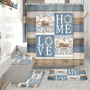 1/4pc Valentine's Day Retro Farmhouse Pattern Shower Curtain Set, includes non-slip mat, U-shaped rug, and toilet seat cover. Perfect for bathroom decoration, partitioning, and beautifying the space. Comes with 12 shower curtain hooks.