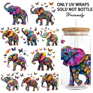 4PCS/SET Colorful Bohemian Elephant DIY Light Beigeny Tumblers Wrap Decorative transfer paper UV DTF High Self-adhensive Wraps Transfers Decor Transfer Paper On Cup