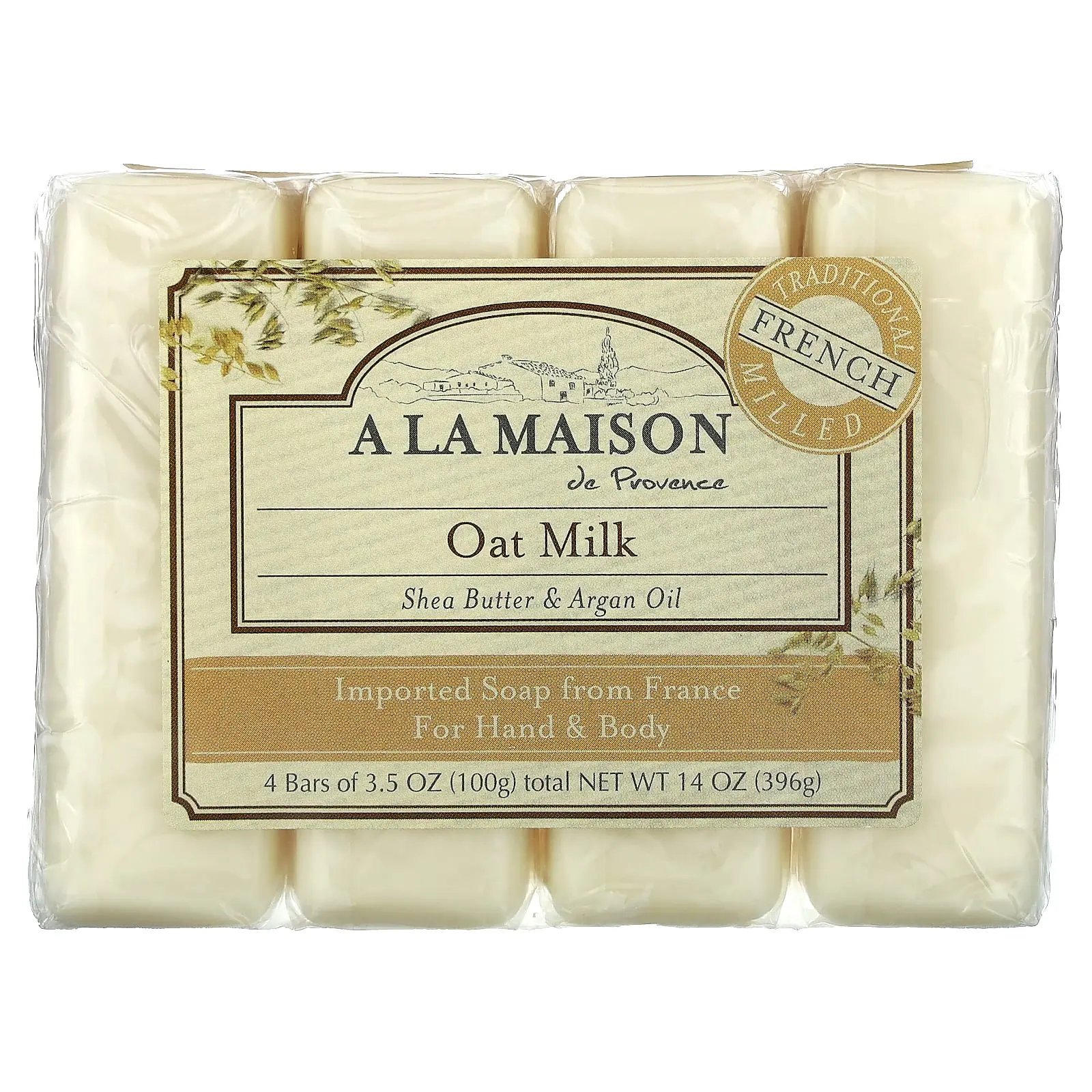 A La Maison de Provence Hand & Body Bar Soap, Oat Milk, 4 Bars, 3.5 oz (100 g) Each