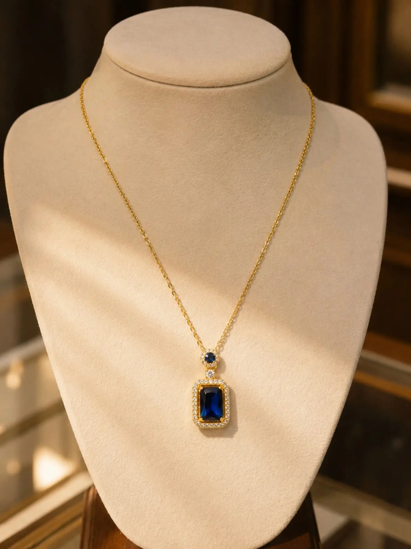 Titanium Steel Sapphire Pendant Necklace, Waterproof Tarnish-Free Rectangle Blue Crystal, Hypoallergenic Sensitive Skin Luxury Jewelry for Women
