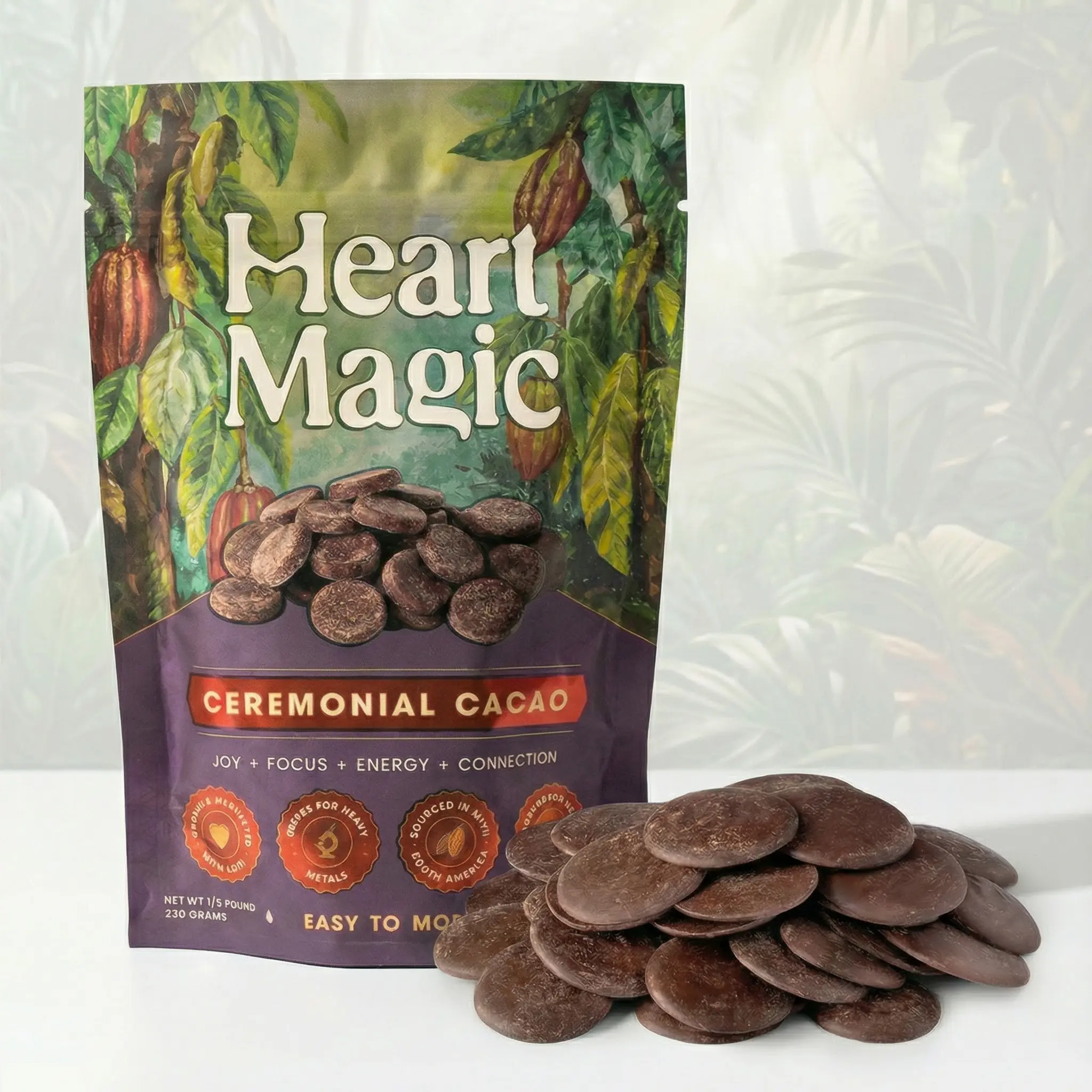 Heart Magic Ceremonial Cacao Discs - 100% Peru Heirloom Cacao - Sugar Free - Natural Energy - Ritual & Beverage Ethically Sourced