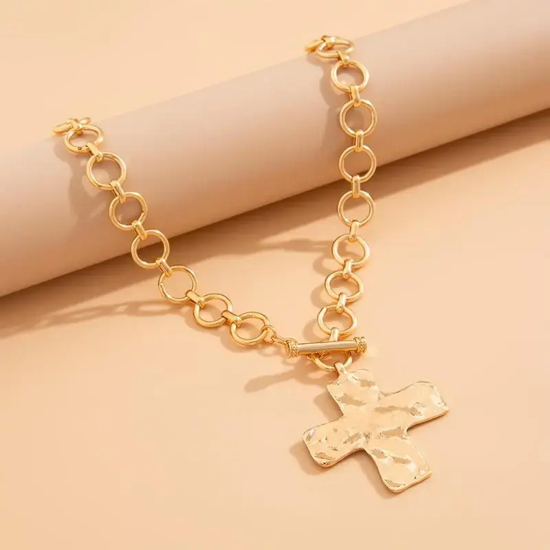Gold-Plated Cross Necklace for Women, Vintage Statement Pendant with Chunky Hammered Chain and Heart Clasp, Necklaces For Women, Long Necklaces