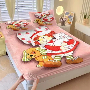 3-piece strawberry girl bed sheet set, including 1 bed sheet and 2 pillowcases, anti slip and dustproof cover suitable for bedrooms, suitable for giving girls daily gifts, daily home gifts