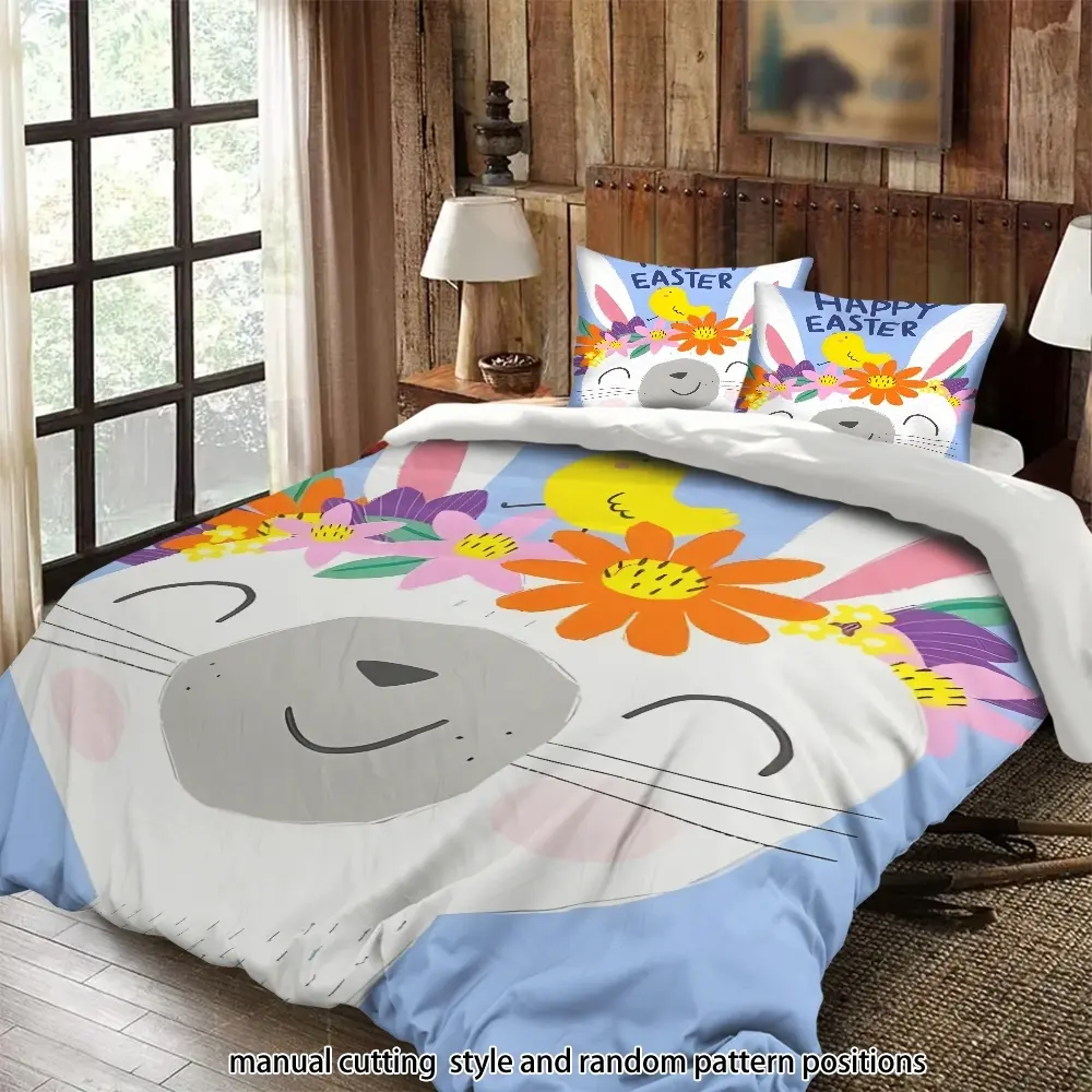 Easter Bunny with Flower Wreath and Little Yellow Chick 3-Piece Bedding Set, Perfect as a Gift.