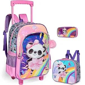 The Loveliest Back to School Gift! Pink Rainbow Panda Rolling Bookbag 3PCS Set | Sequin Girls Backpack with Lunch Pack | Perfect for Kids School & Family Travel