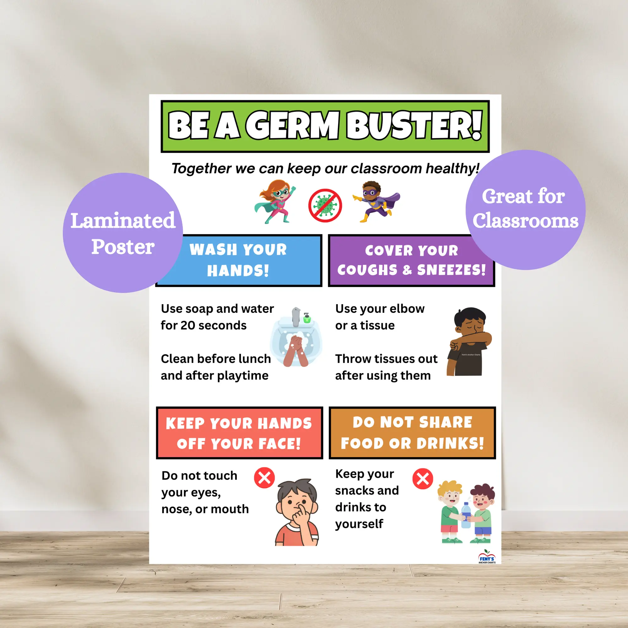 Germ Buster Laminated Poster | Classroom Don't Spread Sickness Sign | School Nurses Office Decor