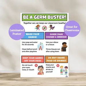 Germ Buster Laminated Poster | Classroom Don't Spread Sickness Sign | School Nurses Office Decor
