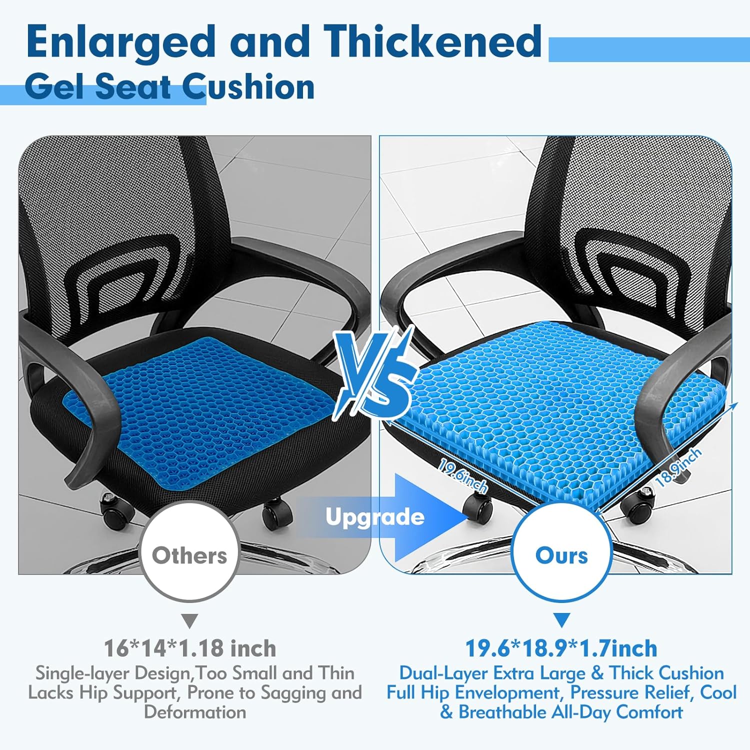 Plus Size Gel Cushion for Long Sitting, Breathable Honeycomb Pressure Relief Pad for Office Chair, Car & Wheelchair (Plus Size - Blue)