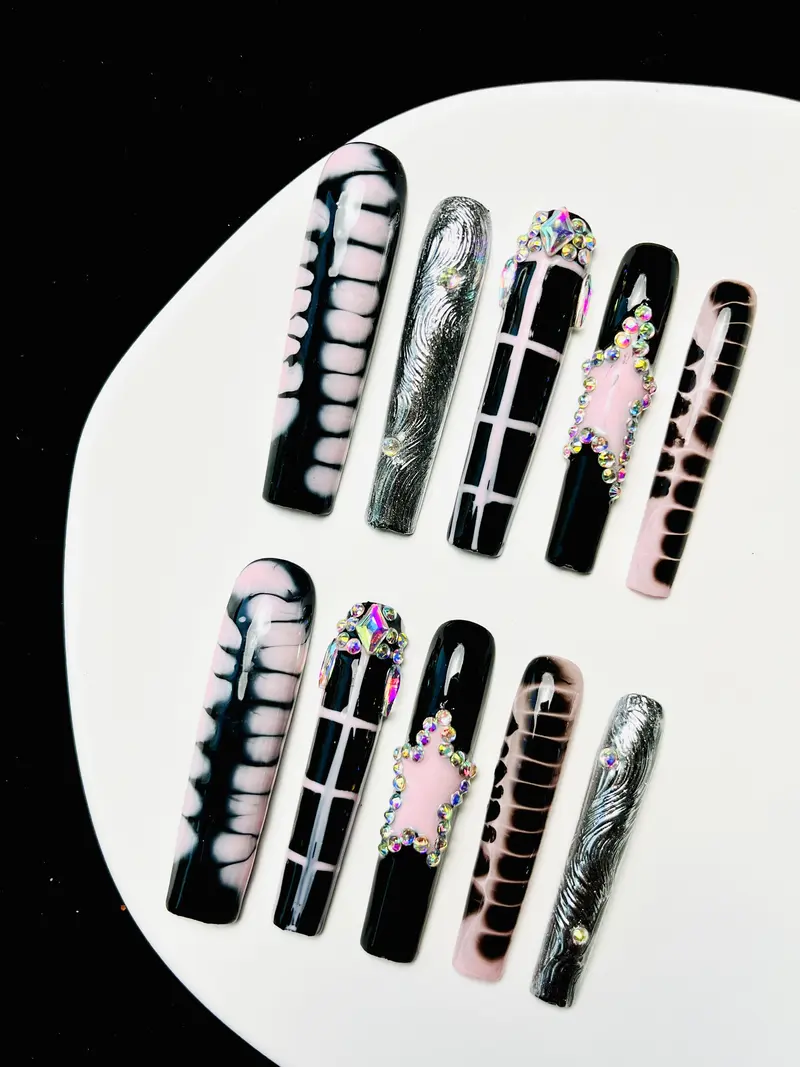 10Pcs Handmade Press on Nails Long Square Goth Acrylic Black Pink Nail Supplies Fake Nails Stickers Y2K Cute Suitable For Girls And Women Festivals Parties  Gems Stuff French Gems Stuff Salon Quality Rhinestone Rhinestone Embellished