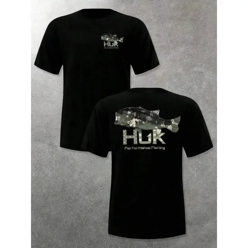 Men's Casual Crewneck HUK T - Shirt - Camo Bass Fish Graphic, Soft  Summer Tee