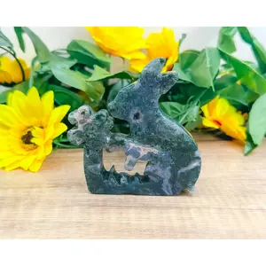 Moss Agate Rabbit Kissing Flower Carving – Perfect for Ostara and Easter Decor
