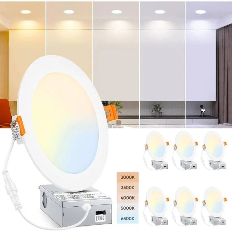 BesLowe 6 Packs 6 Inch 5CCT LED Recessed Ceiling Lights Ultra-Thin with Junction Box, 12W 150W Eqv, 3000K/3500K/4000K/5000K/6500K, 1200LM Dimmable Canless Downlights for Kitchen Hallway Dining Room, Recessed Lighting, Entryway