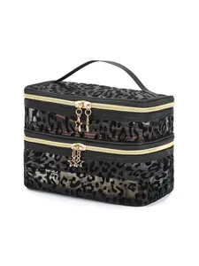 Single Pack Mesh Leopard Print Makeup Bag Storage Pouch, Leopard Pattern Dual-Layer Zipper Travel Cosmetic Organizer, Makeup Storage Bag