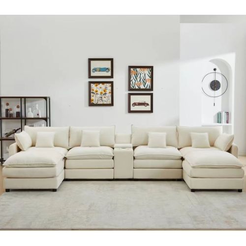 Niccae 6-Seater Contemporary Sectional Chenille Fluffy Sofa - Modular Boneless Sectional Couch with Storage, Cup Holders, Guest Bed, Modern Sofas Couches for Apartment Indoor Living Rooms (4-Package Delivery)