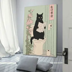 Japanese Black Cat on A Toilet Canvas Poster Prints Modern Wall Decor for Bedroom Office Living Room Easy Install