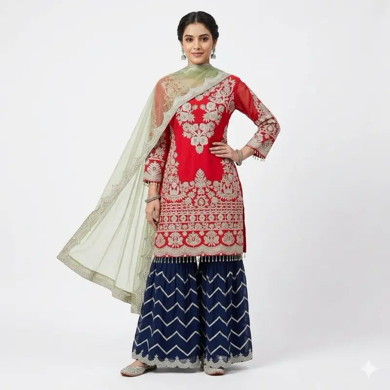 Women's Multicolor Gharara Outfit, an Original Design 3-Piece Kurti Set with Intricate Embroidery and Fringe Details, Lady