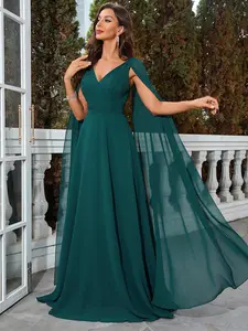 Elegant Evening Party Maxi Dress with Cape Sleeves, Pleated Ruffle Design, Large Swing Hem, Pure Color Patchwork, Ball Gown Style