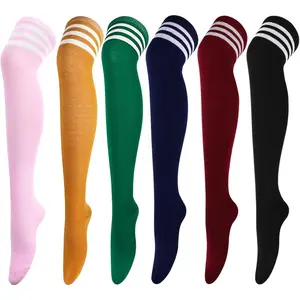 Women's Striped Thigh High Socks - 6 Pairs Black White Navy Red Green Yellow - All Seasons Party Sports Leg Warmers for Girls Bridal Cotton Fabric