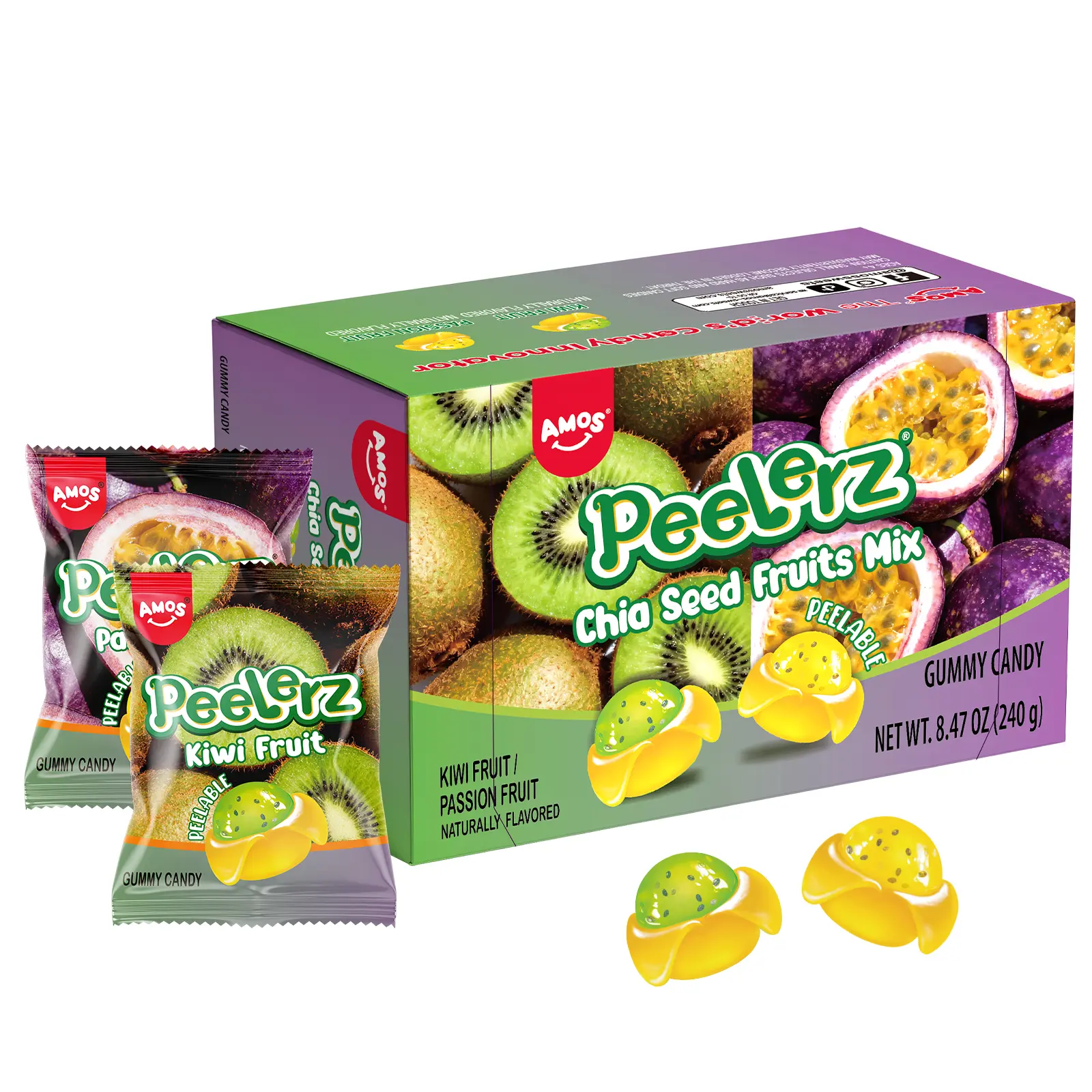 Amos Peelable Gummy Candy Kiwi & Passion Fruit Candy, Mix Flavor Chia Seed Fruit Chewy Candy Bulk 8.47 oz
