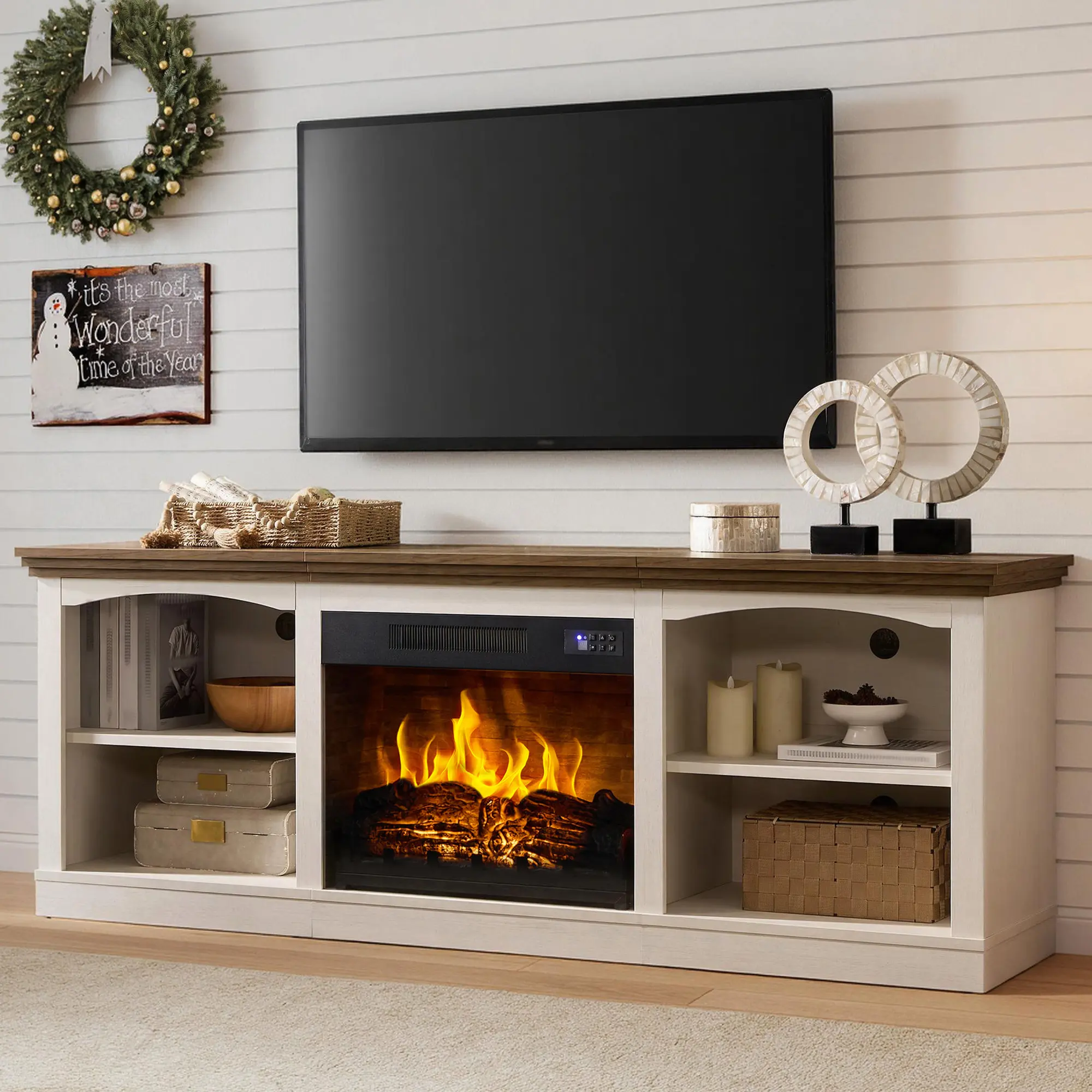 ALBOTT 70" Fireplace TV Stand with 23" Fireplace for TVs Up to 80", Farmhouse Entertainment Center, Open Shelves, One-Box Delivery, Media Console Table, for Living Roo[tiktokshopbacktoschool][SohoChic]