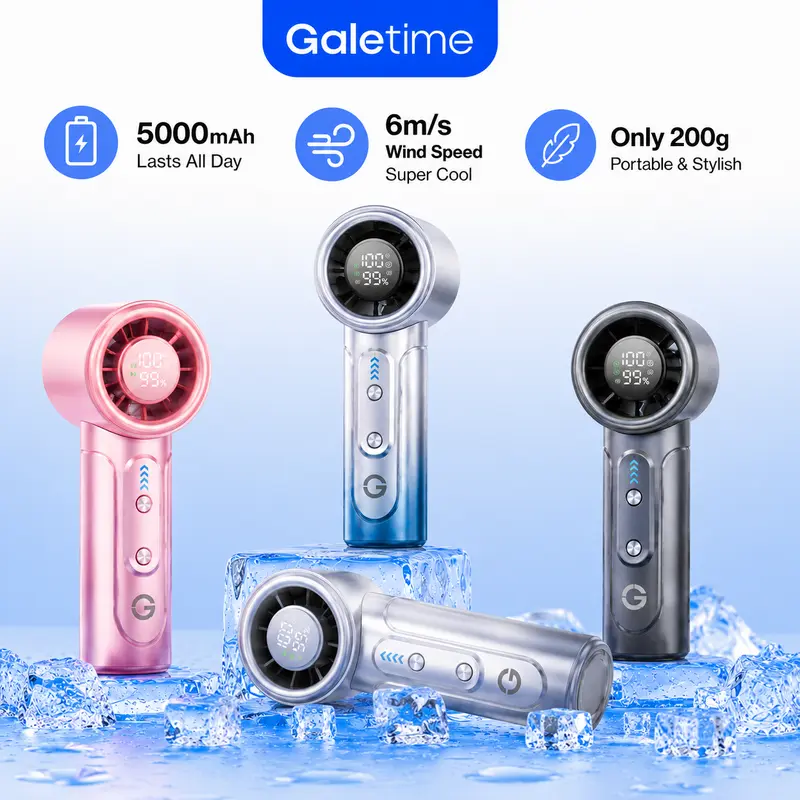 Galetime GT02 5000mAh USB Rechargeable Multifunction Portable Fan - Mini High Power Turbofan, Handheld Adjustable with Strong Airflow, Turbo Jet, Clip, Lanyard, Real-Time Gear Display, 100-Gear Icy Cool Wind Power, Pocket-Size for Travel, Office