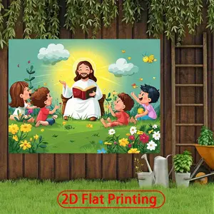Cartoon Jesus Surrounded By Children Backdrop Banner - Polyester Fabric Photography Backdrop & Party - Photographic Cloth, Outdoor and Indoor Party Banners, Background with Festive Elements for Holiday Decorations, Photo Studio, Live Streaming White