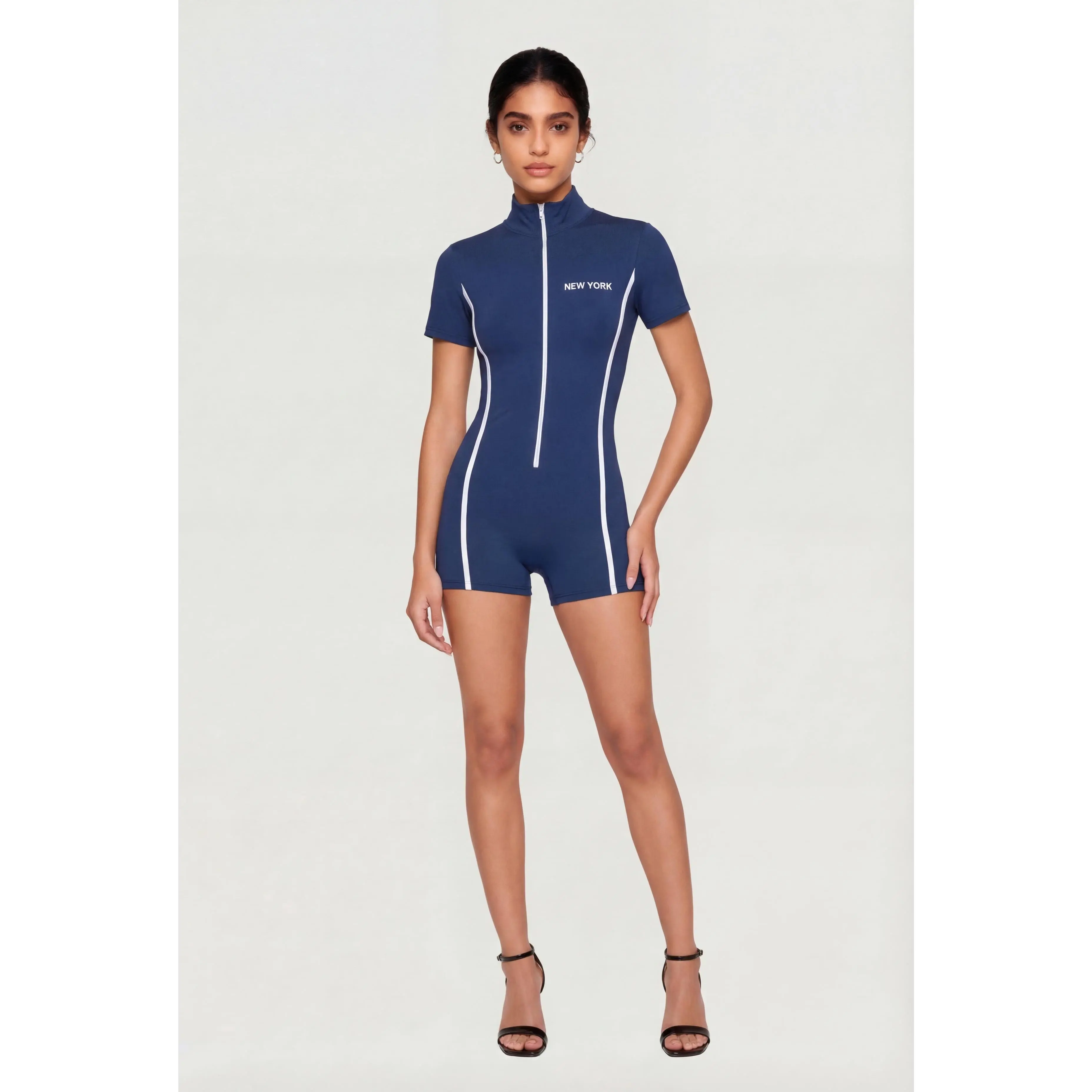 New York Graphic Mock Neck Zip Front Romper