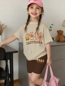 Girls Summer Capybara Food Short Sleeve & Biker Shorts Set Kids Comfortable Loungewear 2Pcs
